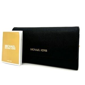 Michael Kors Large Trifold Wallet Black Leather Rich Black/Gold